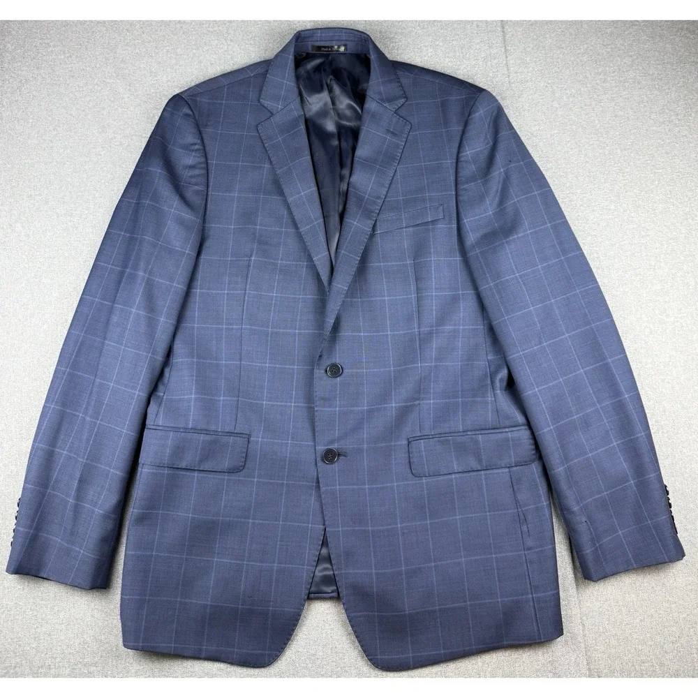 Calvin Klein 44L Blue Windowpane 100% Wool Sport Coat Blazer 2 Button Jacket